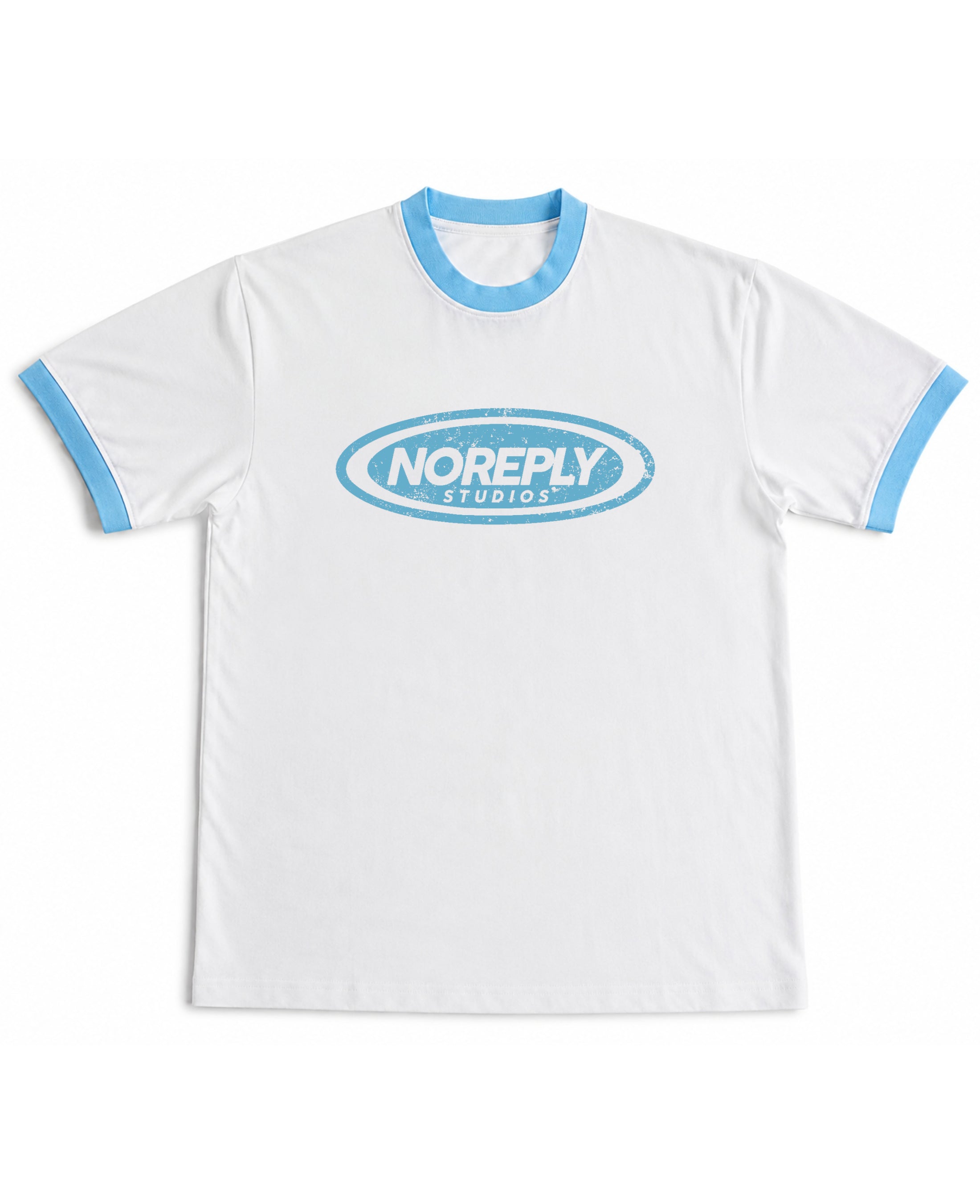 White & Sky Blue Ringer tee Front Design